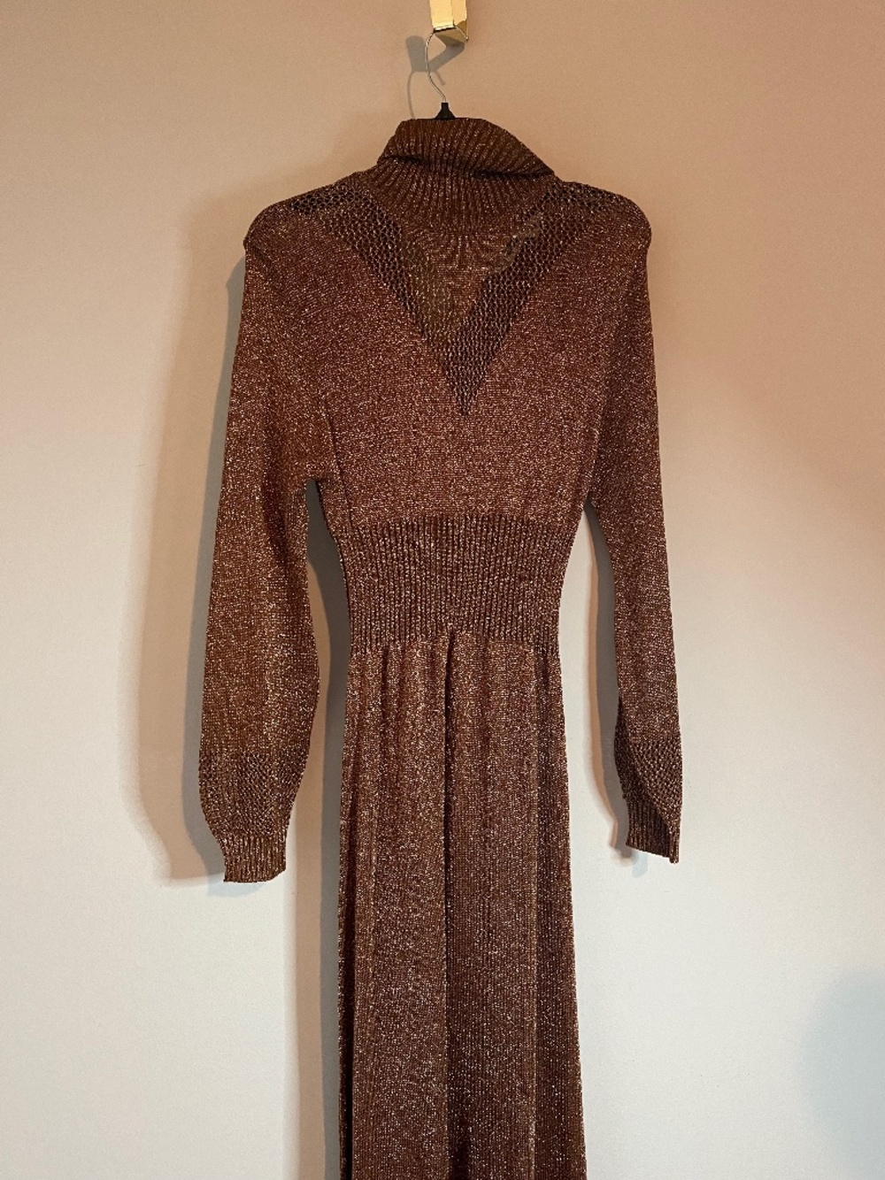 1970's Wenjilli Gold Knit Mesh Maxi Dress. Size 13-14